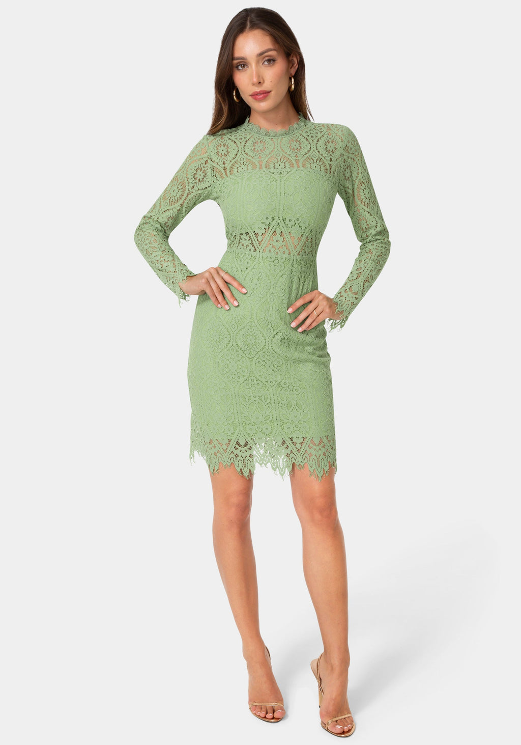 Front View-Bandeau Scallop Lace Pencil Dress-Sage
