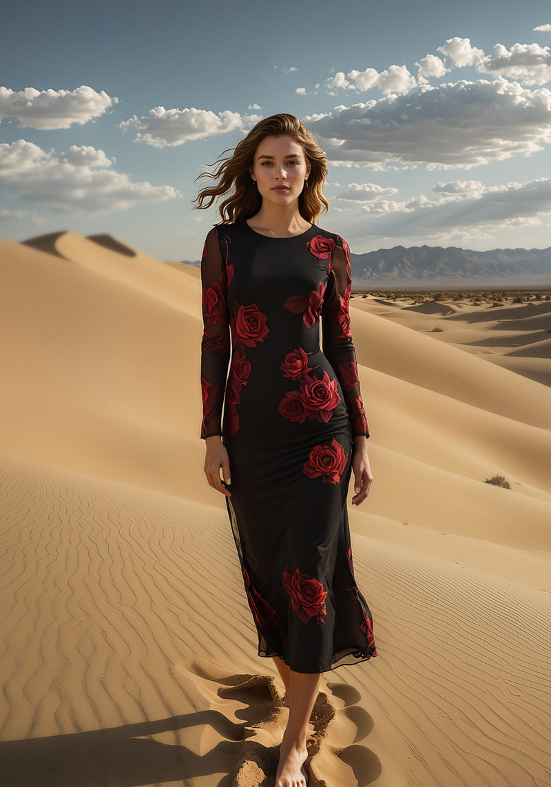 Long Sleeve Printed Powermesh Maxi | bebe
