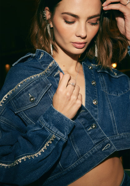 Rhinestone Detail Button Front Denim Jacket – bebe