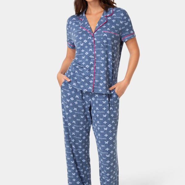 Front View-2-Piece Notch Collar Pajama Pant Set - Denim-DENIM