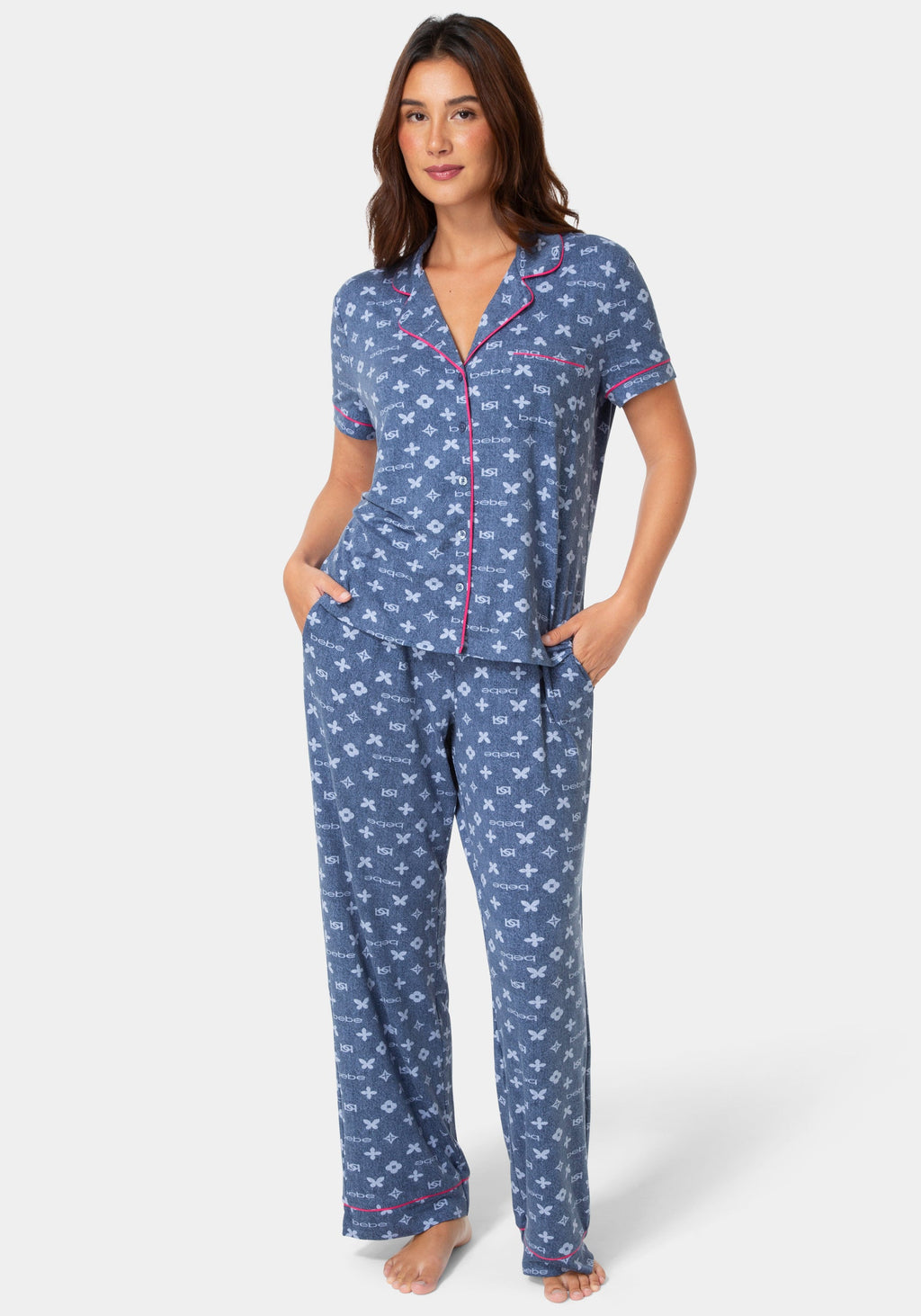 Front View-2-Piece Notch Collar Pajama Pant Set - Denim-DENIM