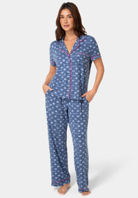 Front View-2-Piece Notch Collar Pajama Pant Set - Denim-DENIM