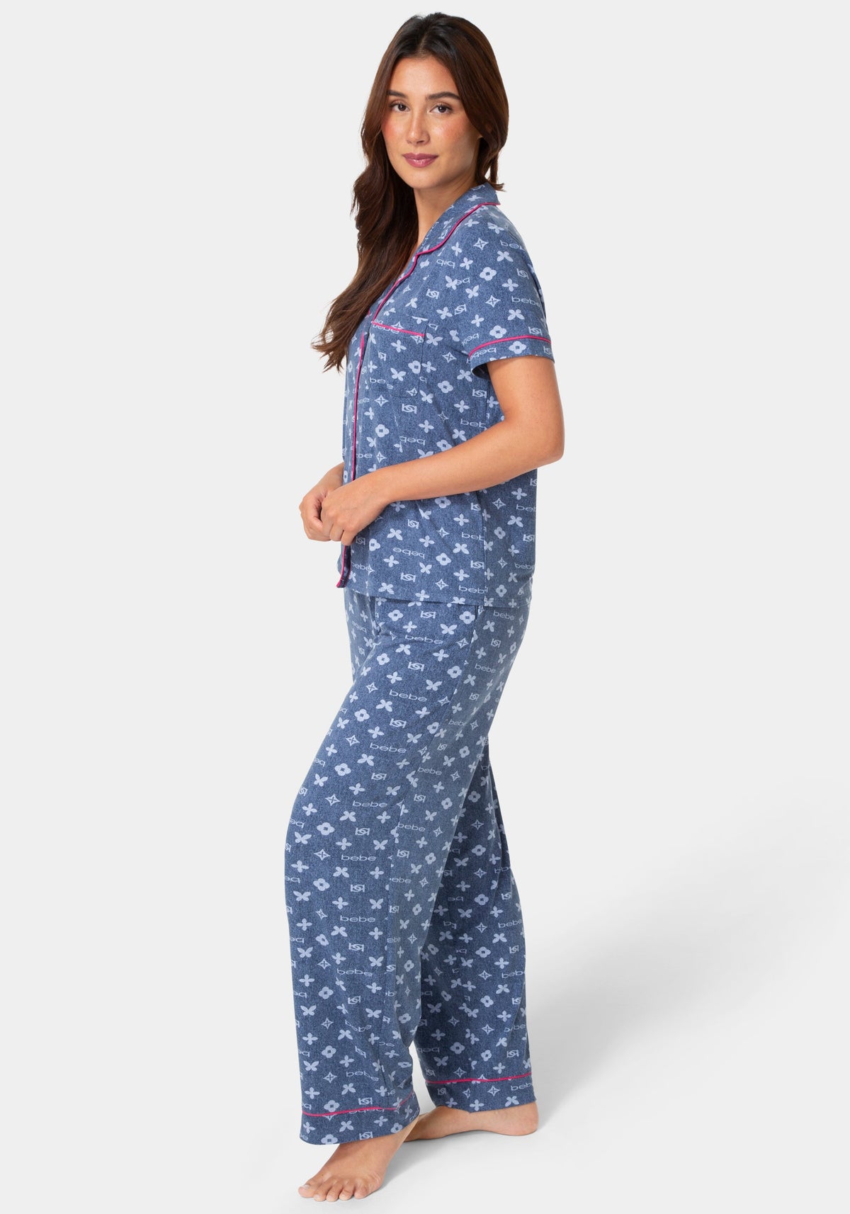 Side View-2-Piece Notch Collar Pajama Pant Set - Denim-DENIM