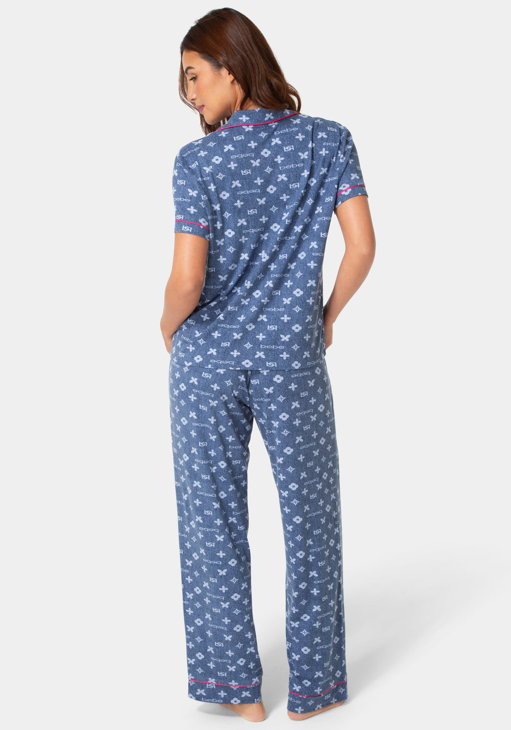 Back View-2-Piece Notch Collar Pajama Pant Set - Denim-DENIM