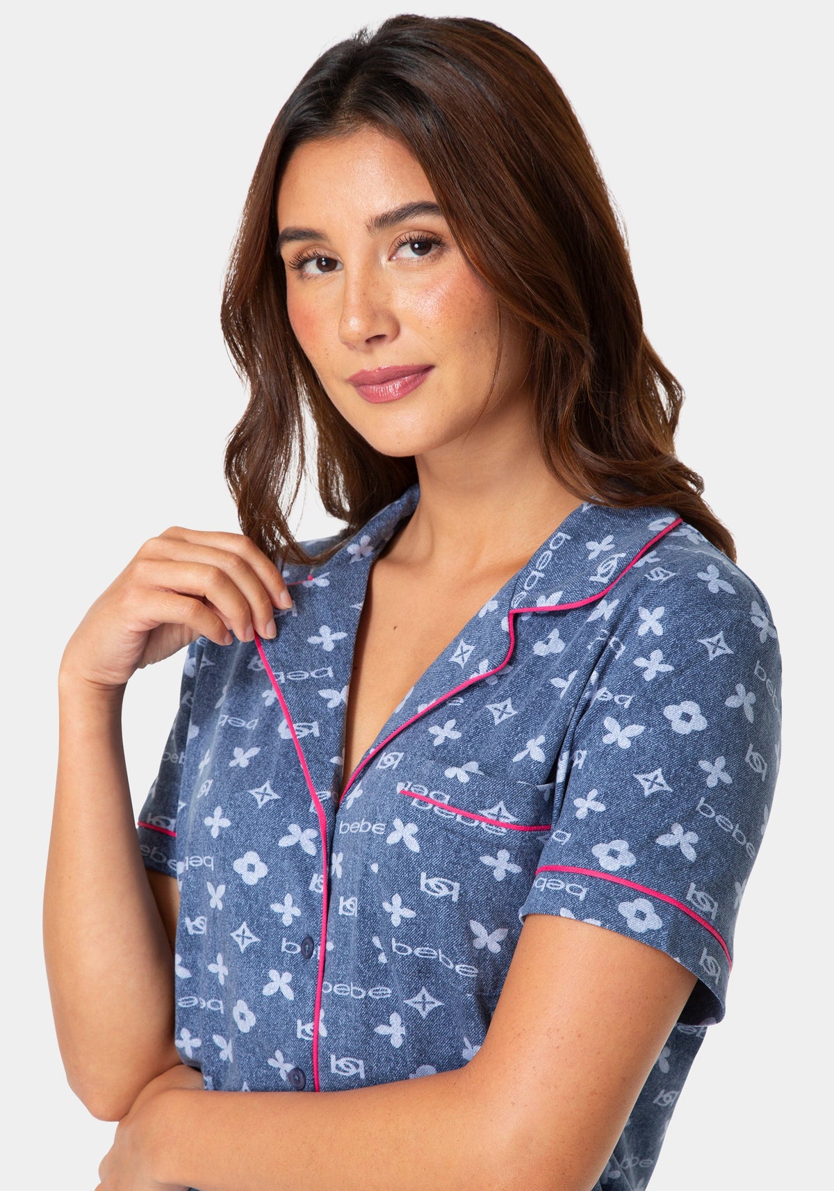 Other View-2-Piece Notch Collar Pajama Pant Set - Denim-DENIM