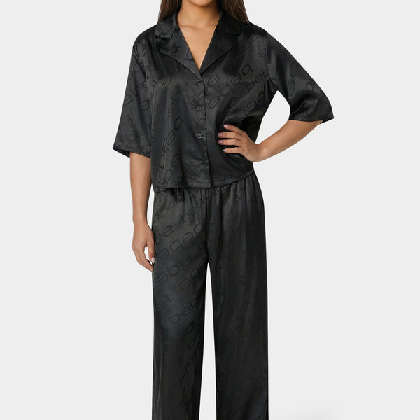 Front View-Jacquard Satin Notch Collar Pant Set-Black Beauty
