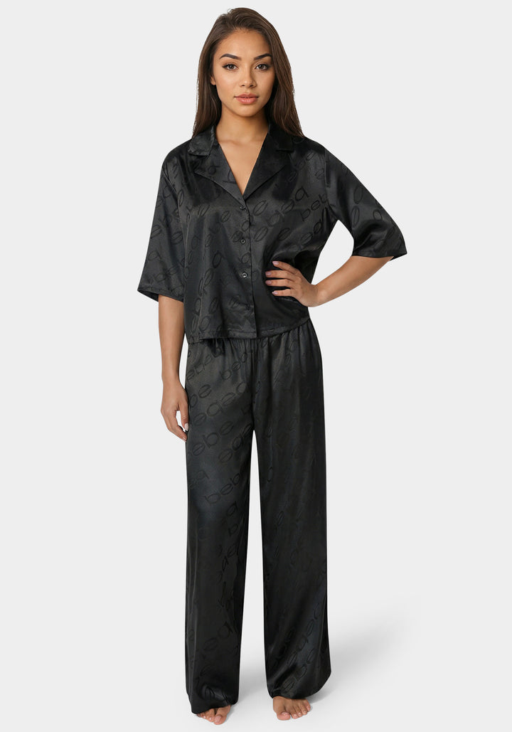 Front View-Jacquard Satin Notch Collar Pant Set-Black Beauty