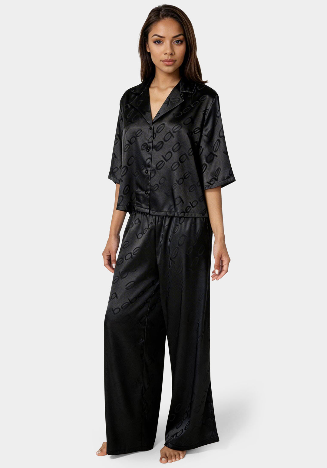 Side View-Jacquard Satin Notch Collar Pant Set-Black Beauty