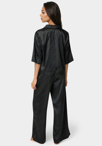 Back View-Jacquard Satin Notch Collar Pant Set-Black Beauty