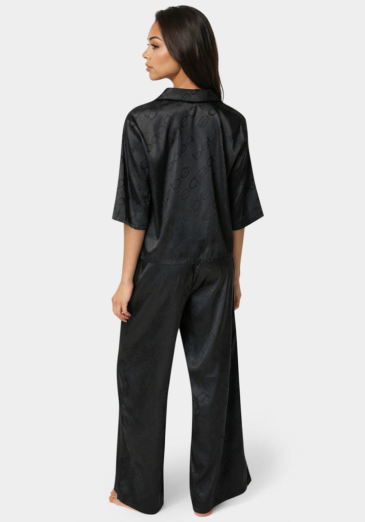 Back View-Jacquard Satin Notch Collar Pant Set-Black Beauty