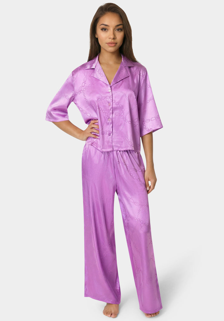 Front View-Jacquard Satin Notch Collar Pant Set-Iris Orchid