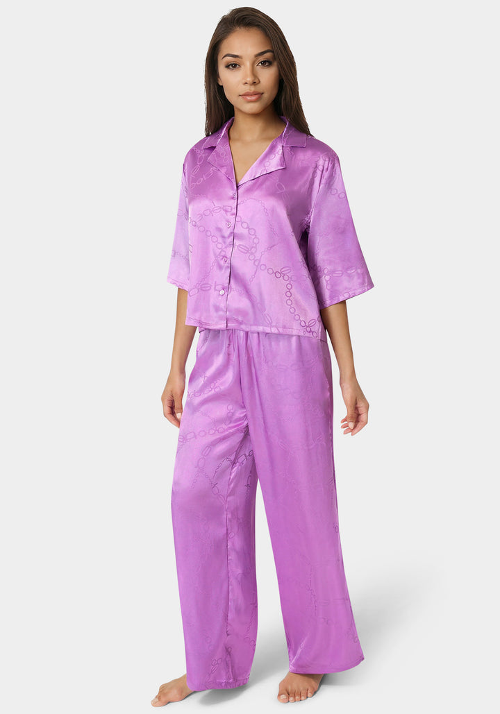 Side View-Jacquard Satin Notch Collar Pant Set-Iris Orchid