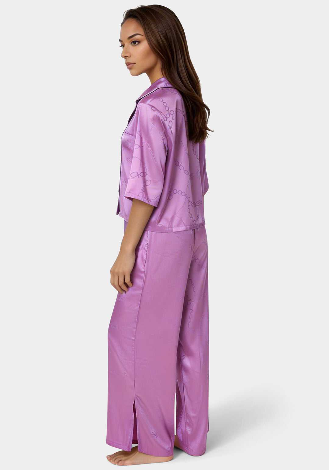 Back View-Jacquard Satin Notch Collar Pant Set-Iris Orchid