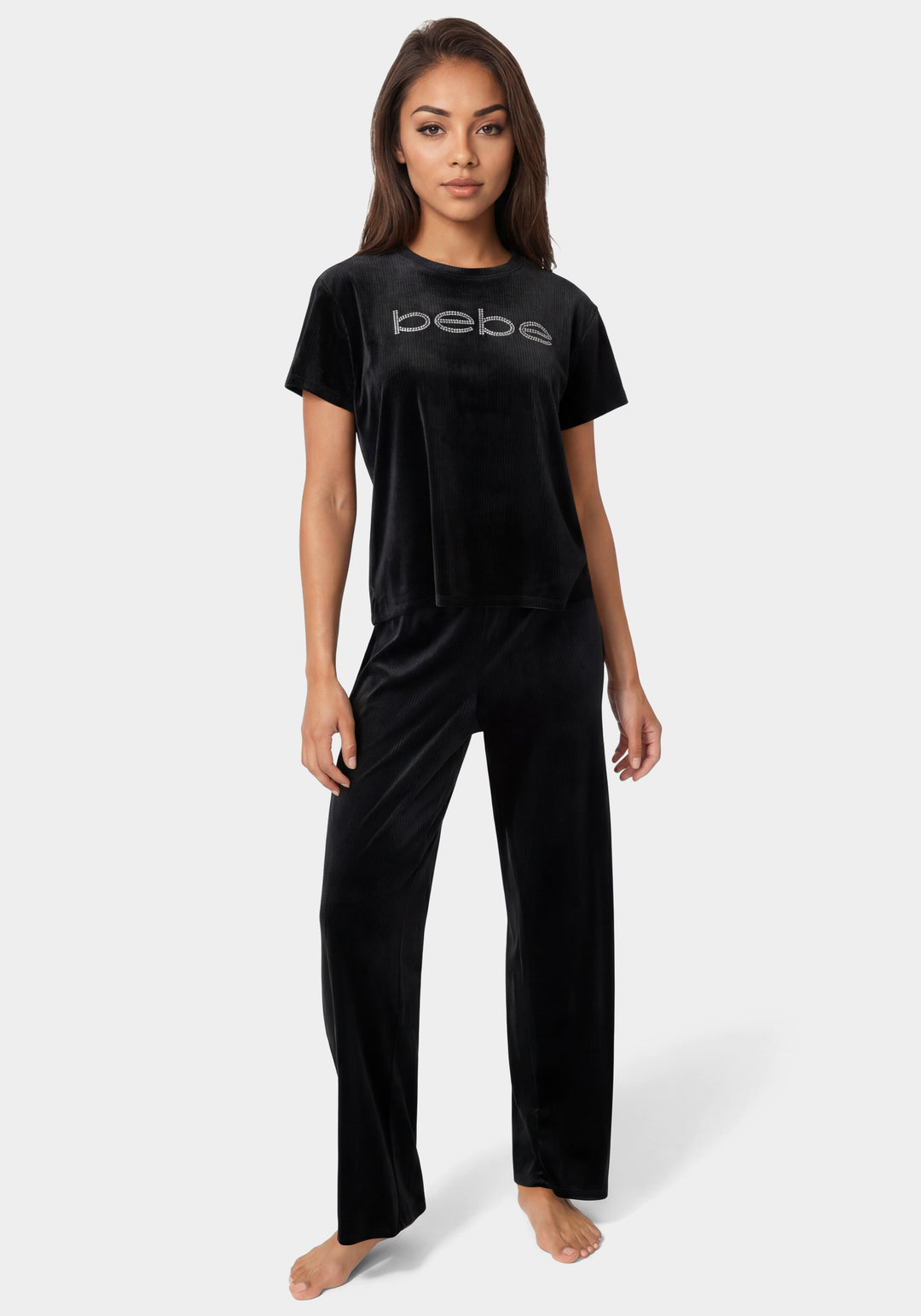 Front View-2pc Velour Ribbed Soft Rhinestone Lounge Set-Black