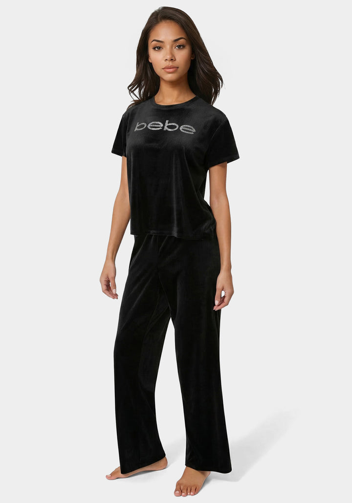 Side View-2pc Velour Ribbed Soft Rhinestone Lounge Set-Black