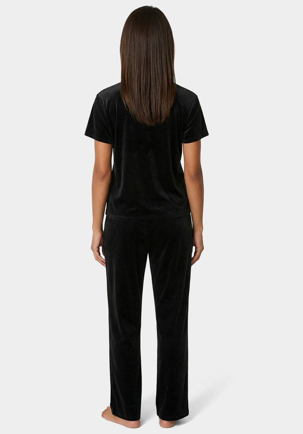Back View-2pc Velour Ribbed Soft Rhinestone Lounge Set-Black