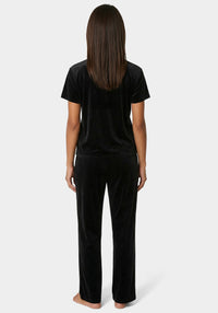 Back View-2pc Velour Ribbed Soft Rhinestone Lounge Set-Black