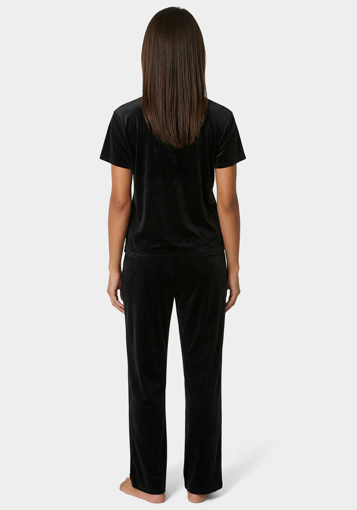 Back View-2pc Velour Ribbed Soft Rhinestone Lounge Set-Black