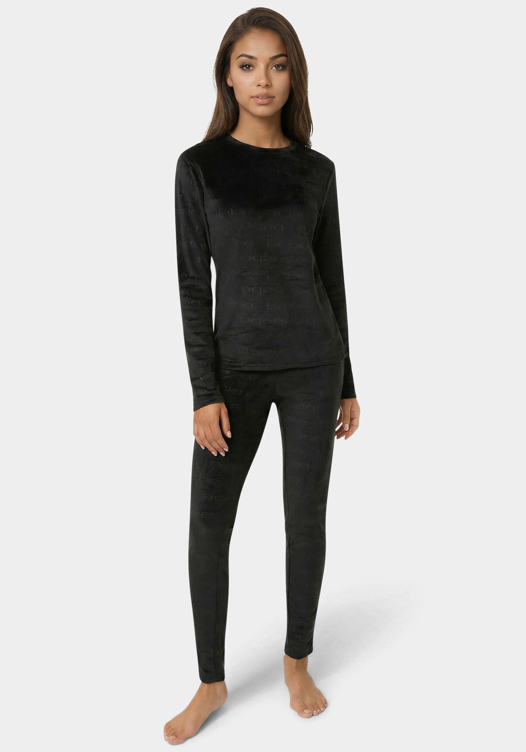 Front View- 2pc Velour Bebe Louge Sleep Base Layer Set-Black