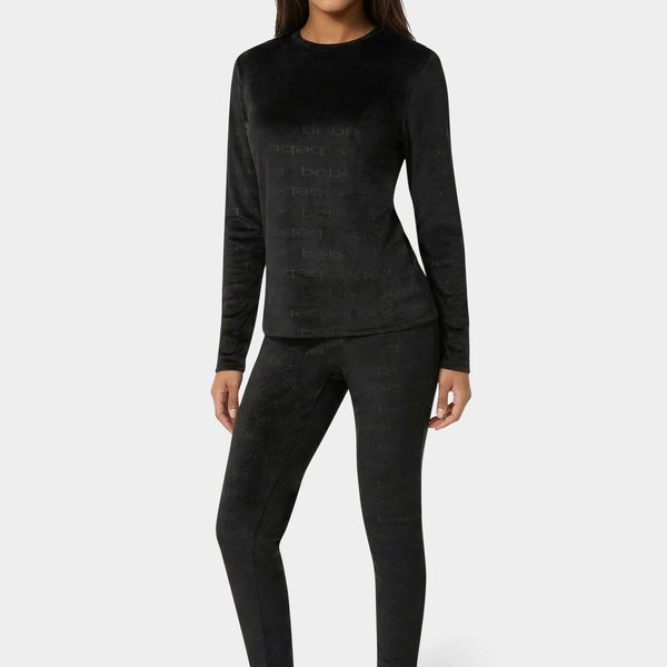 Front View- 2pc Velour Bebe Louge Sleep Base Layer Set-Black