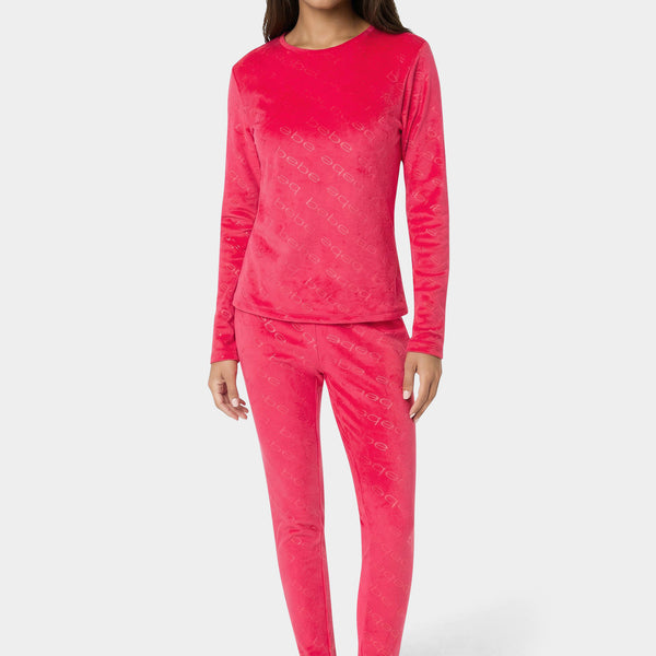 Front View- 2pc Velour Bebe Louge Sleep Base Layer Set-Crimson