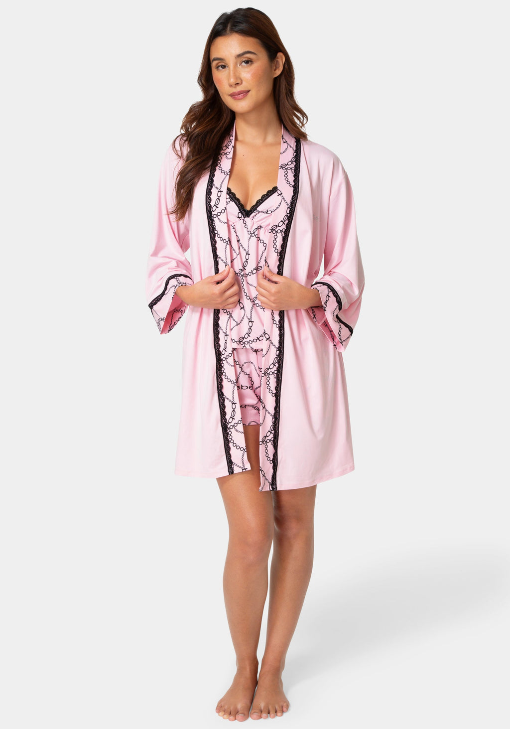 Front View-3-Piece Chemise, Shorts & Robe Pajama Set - Pink-PINK LADY