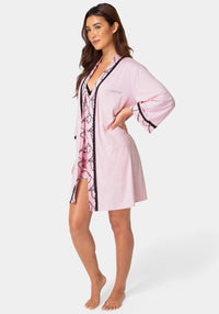 Side View-3-Piece Chemise, Shorts & Robe Pajama Set - Pink-PINK LADY