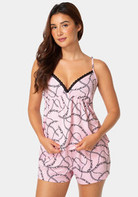 Front View-3-Piece Chemise, Shorts & Robe Pajama Set - Pink-PINK LADY
