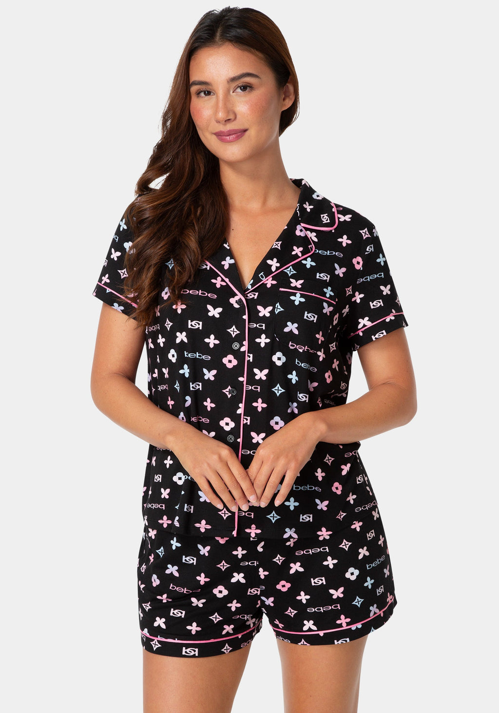 Front View-2-Piece Notch Collar Pajama Set-BLACK MULTI