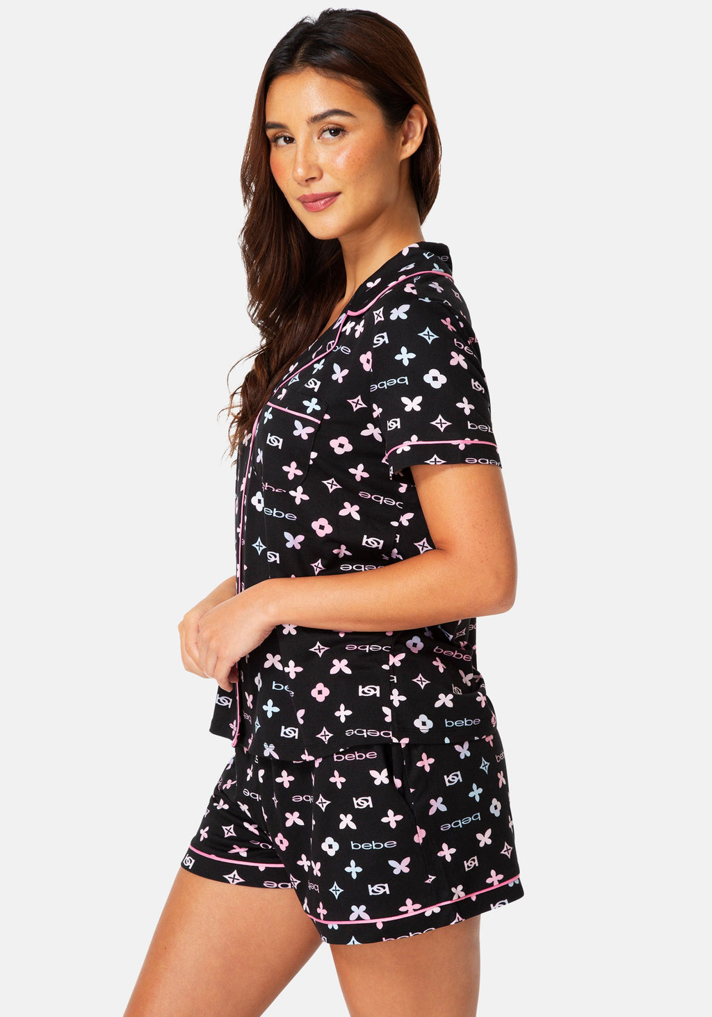 Side View-2-Piece Notch Collar Pajama Set-BLACK MULTI