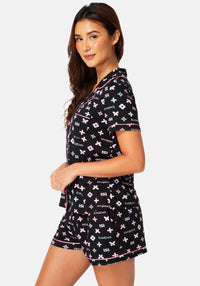 Side View-2-Piece Notch Collar Pajama Set-BLACK MULTI