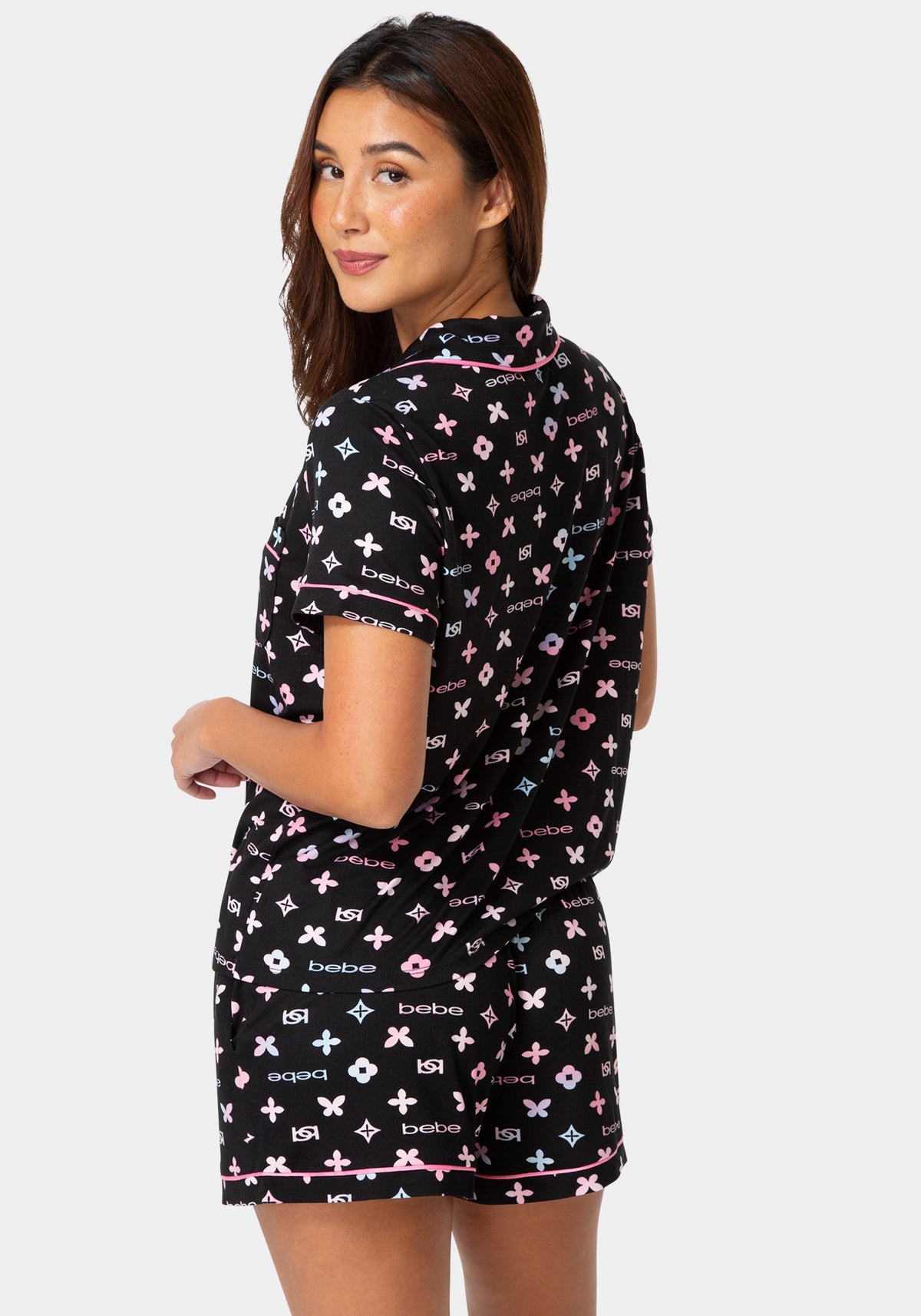 Back View-2-Piece Notch Collar Pajama Set-BLACK MULTI