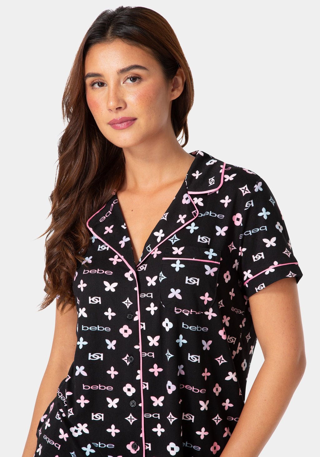 Other View-2-Piece Notch Collar Pajama Set-BLACK MULTI