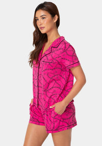 Side View-2-Piece Notch Collar Pajama Set-HOT PINK
