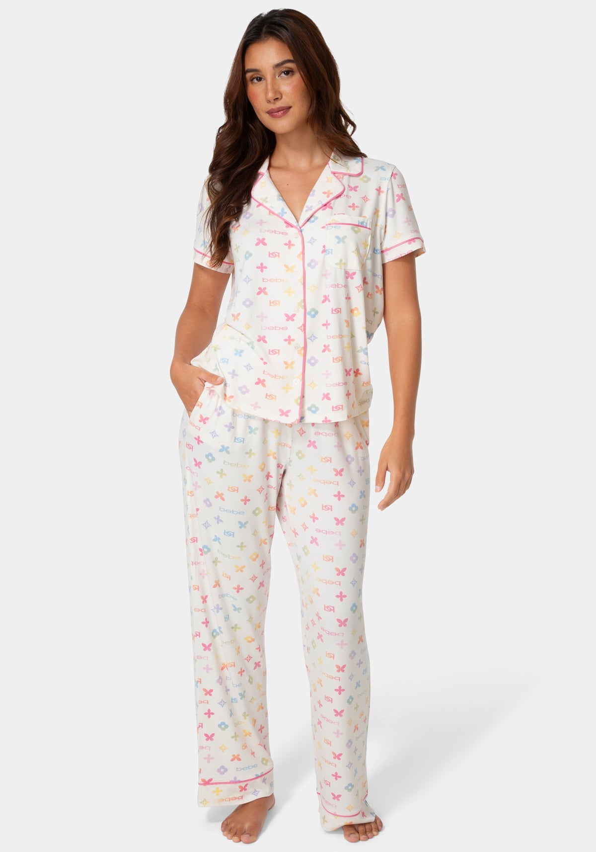 Front View-2-Piece Notch Collar Pajama Set - Ivory-EGRET