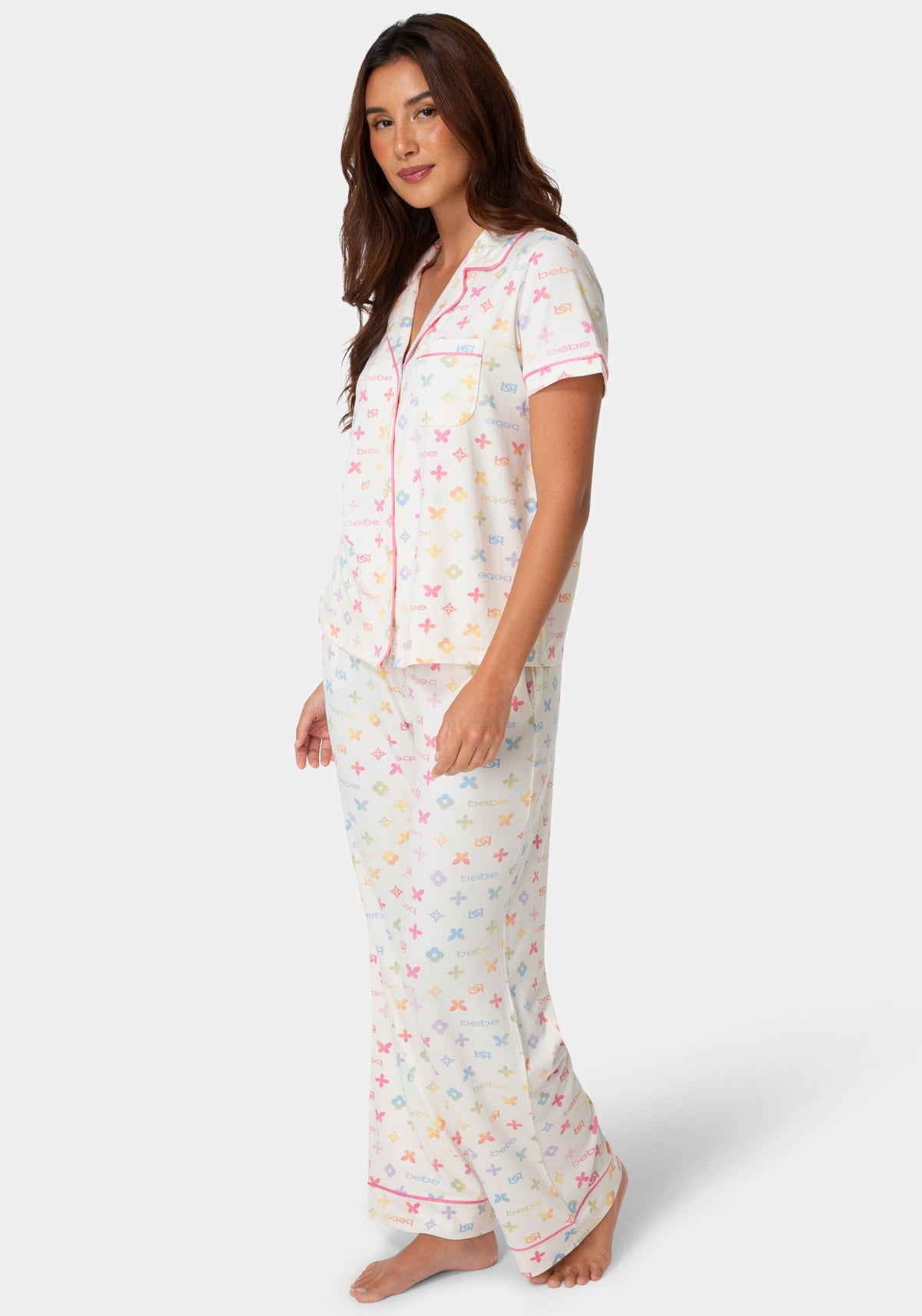 Side View-2-Piece Notch Collar Pajama Set - Ivory-EGRET
