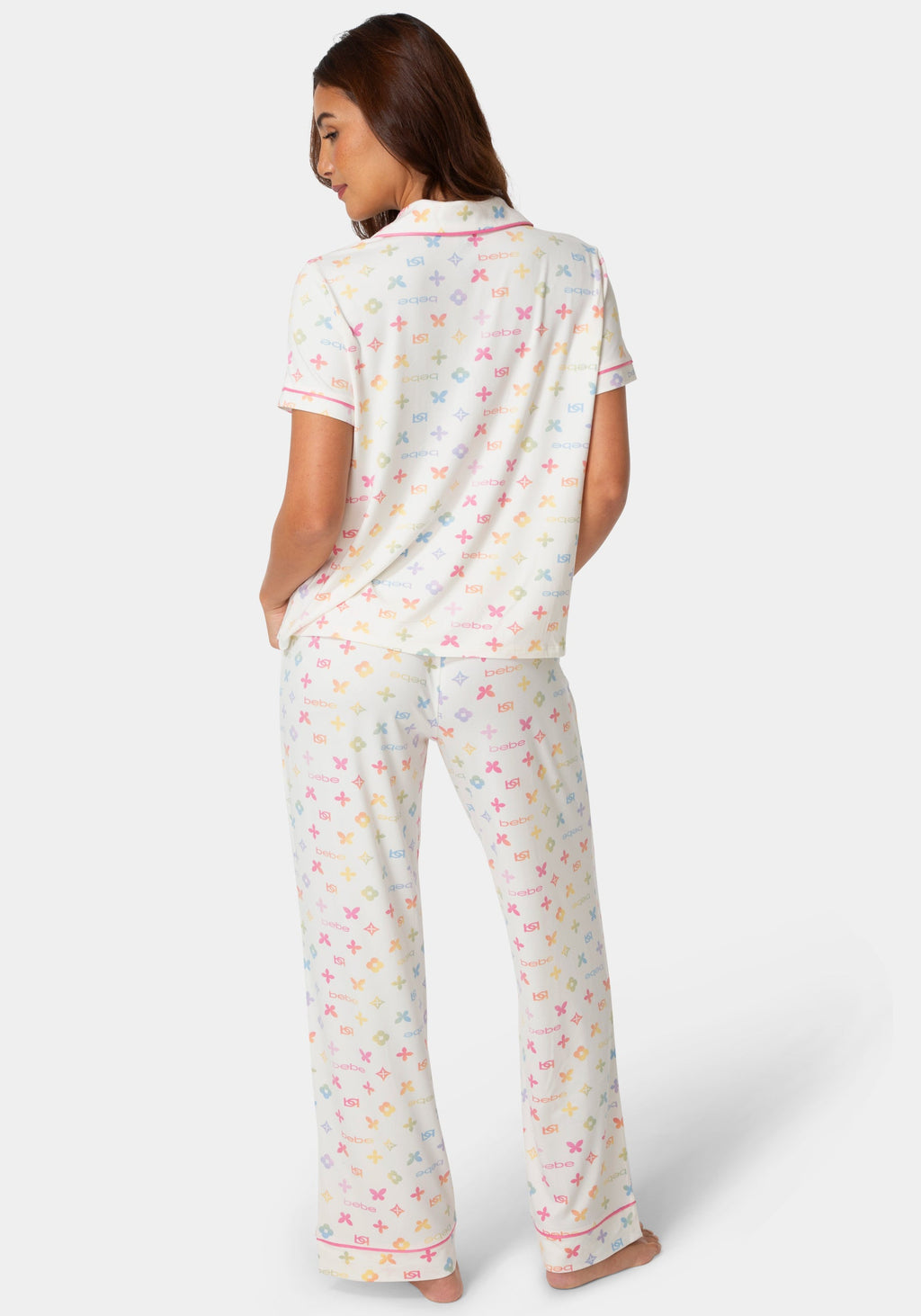 Back View-2-Piece Notch Collar Pajama Set - Ivory-EGRET