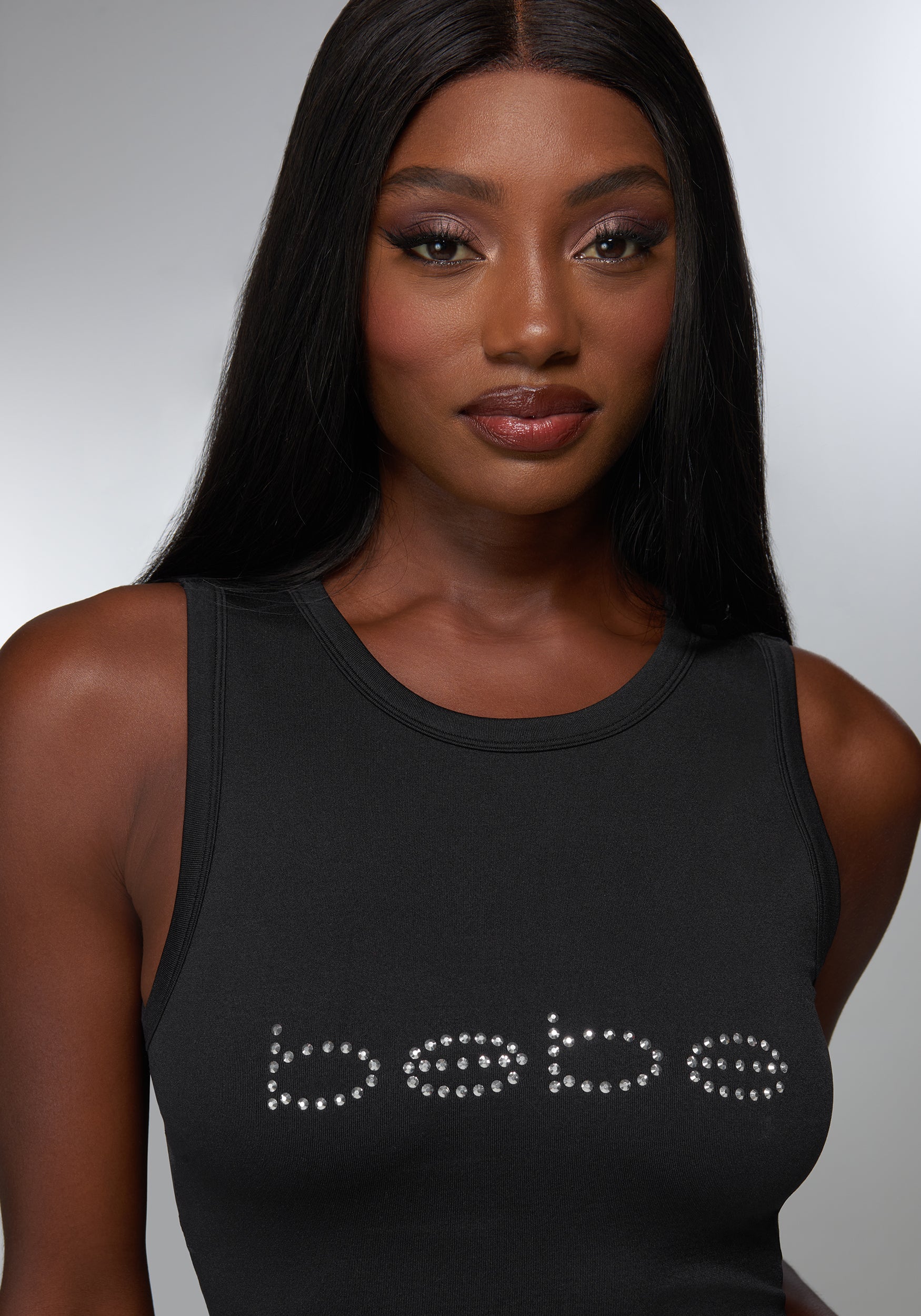 Rhinestone Logo Cropped Tank Black - bebe