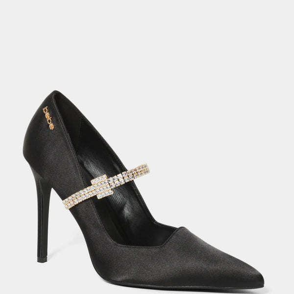 Black high-heeled shoe with a decorative strap on a white background