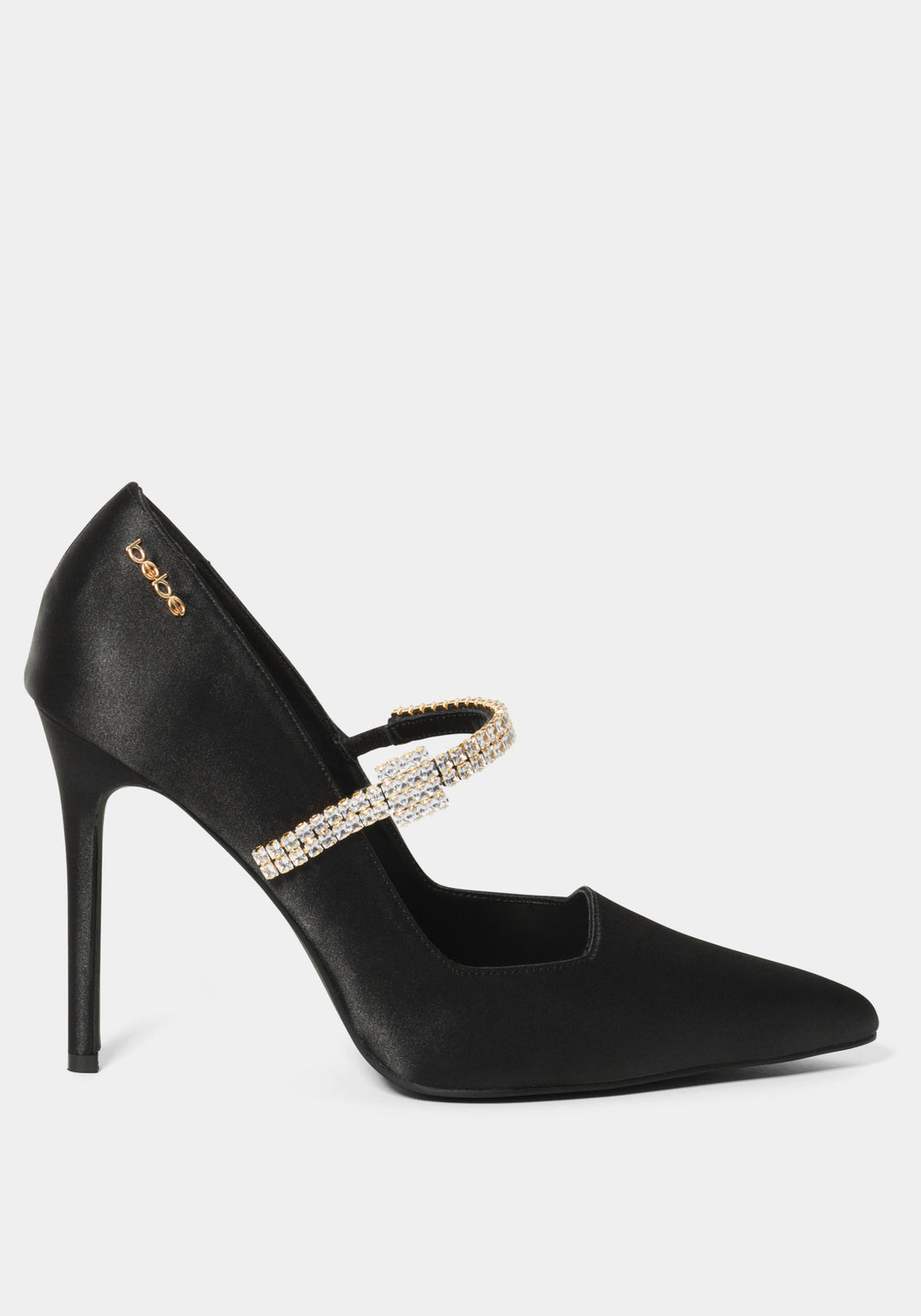 Black high-heeled shoe with a gold strap on a white background