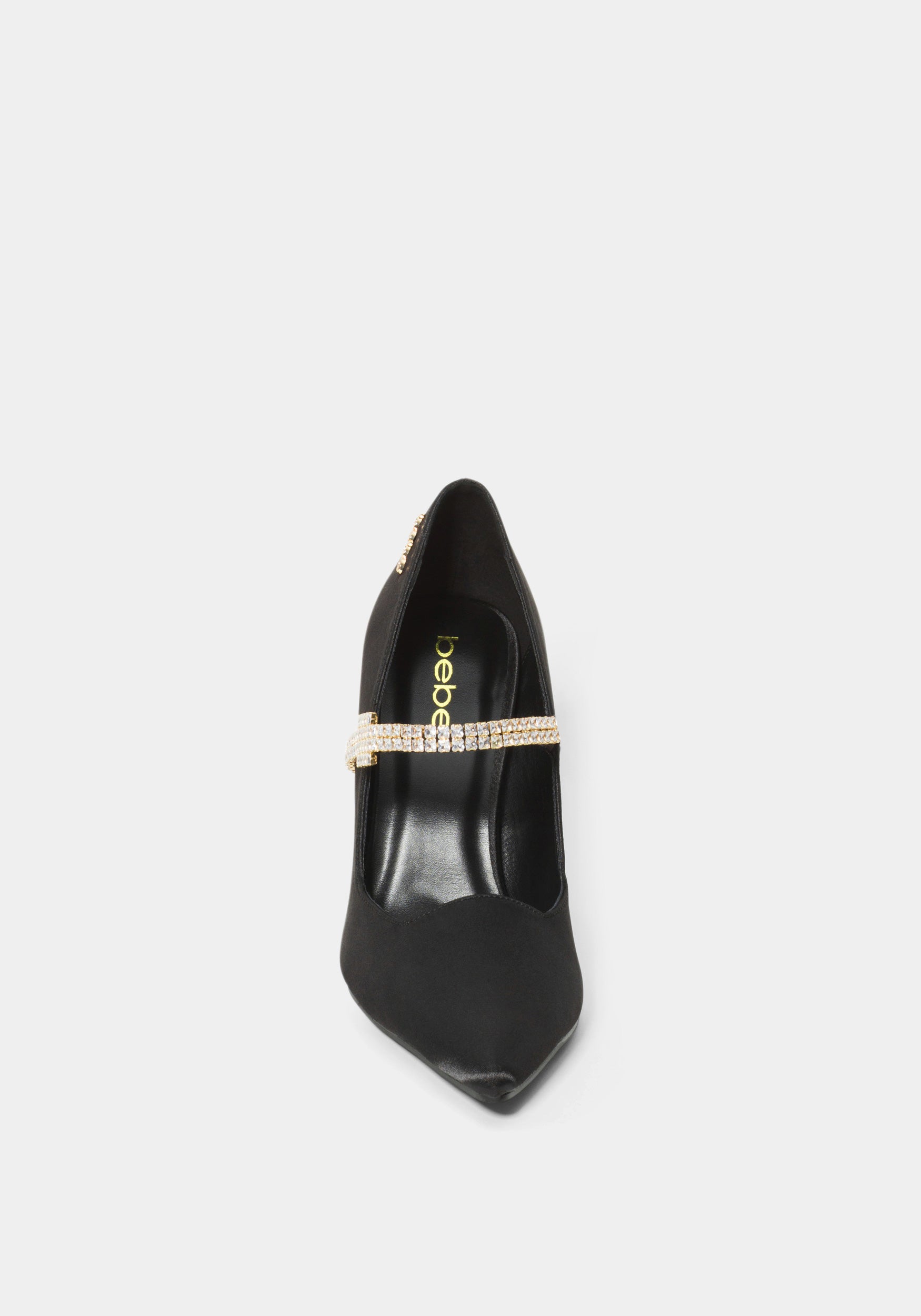 Black high-heeled shoe with a decorative band on a light gray background