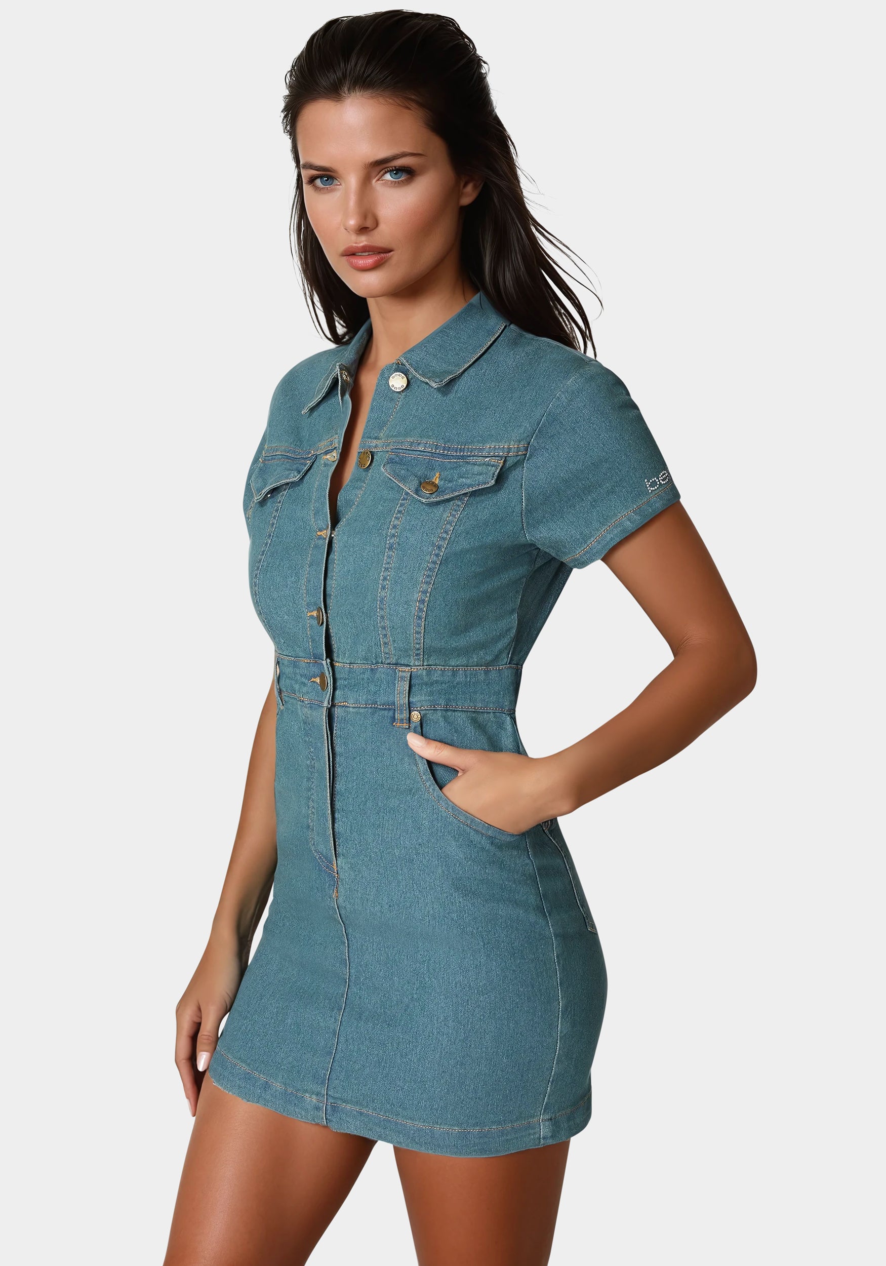 Bebe Women's The Shirt Dress, Size XL in Medium Vintage Wash Cotton/Spandex/Viscose