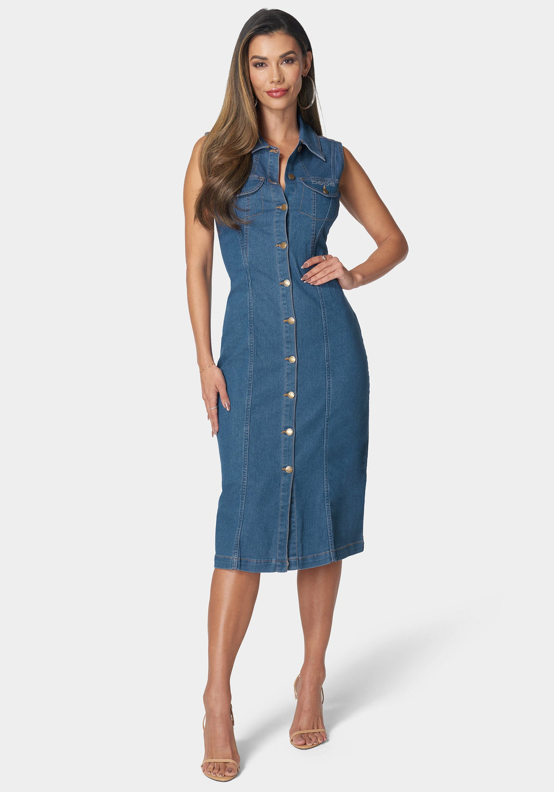 Bebe Women's Sleeveless Front Button Denim Dress, Size XL in Blue Cotton/Spandex/Viscose Bebe Women's Sleeveless Front Button Denim Dress, Size XL in Blue Cotton/Spandex/Viscose