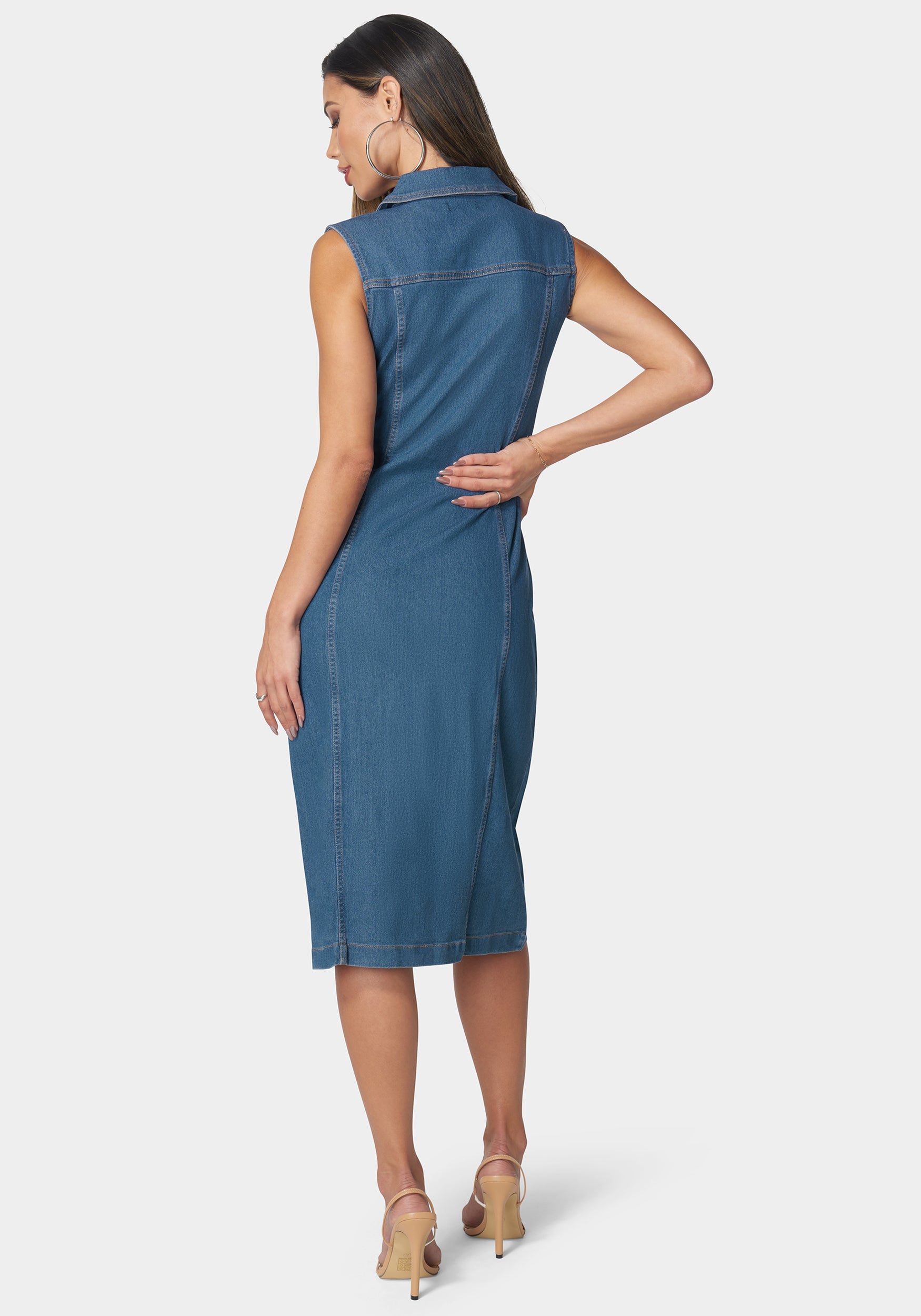 bebe denim dress Trim Detail Fit & Flare Denim Dress