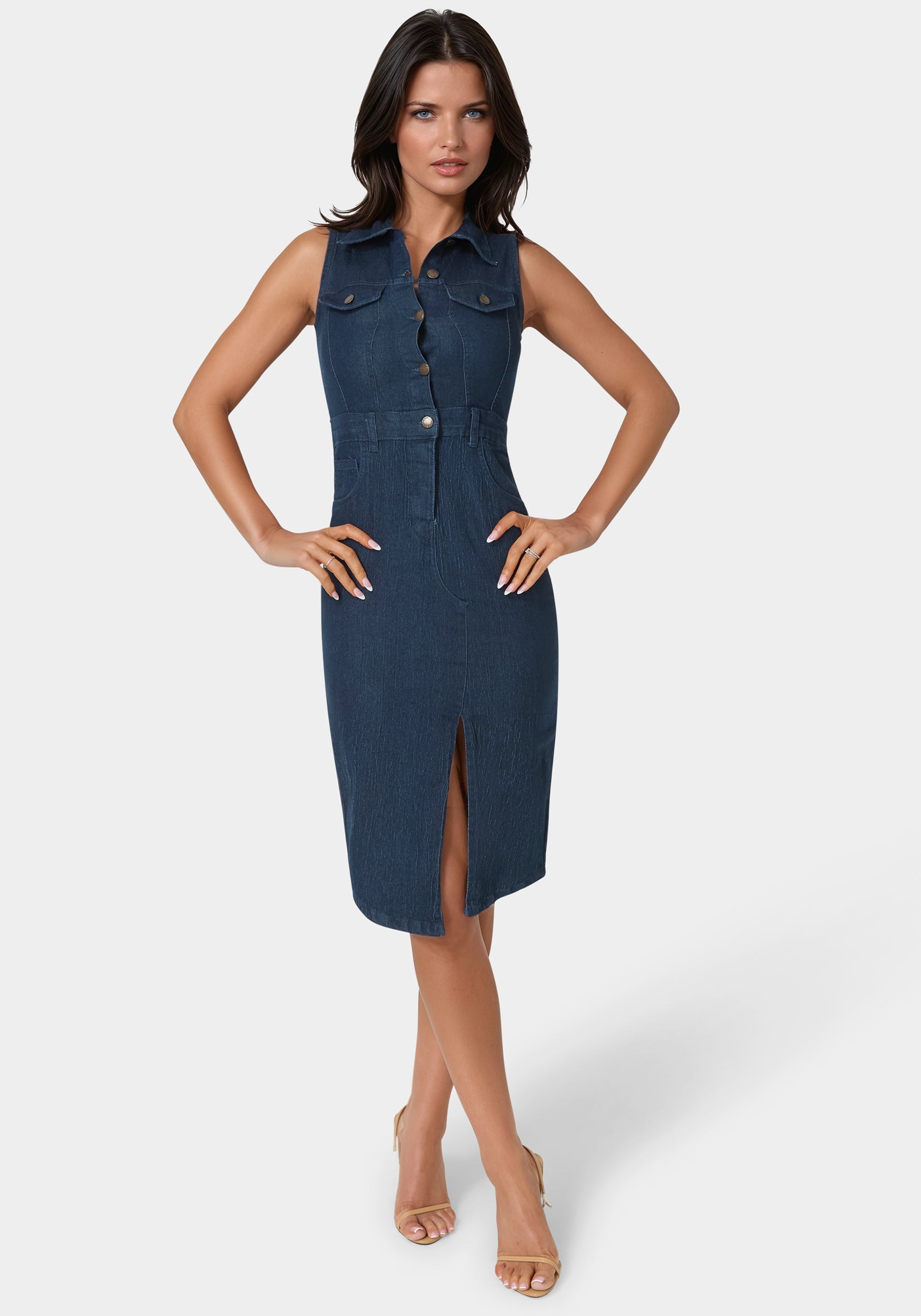 オールインワン・サロペット Ami Flared Denim Dress With Classic Collar Anybird Women's Casual Denim Dress Collared Roll Up Short