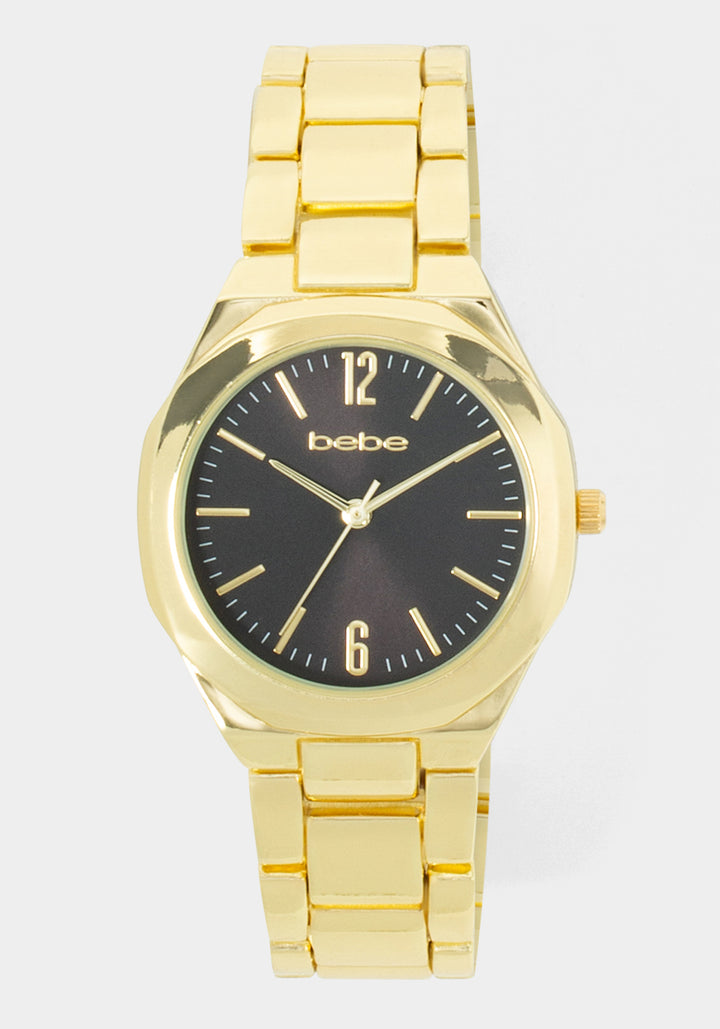 Front View-Watch & Fashion Jewelry Bracelet Set-GOLD/BLK