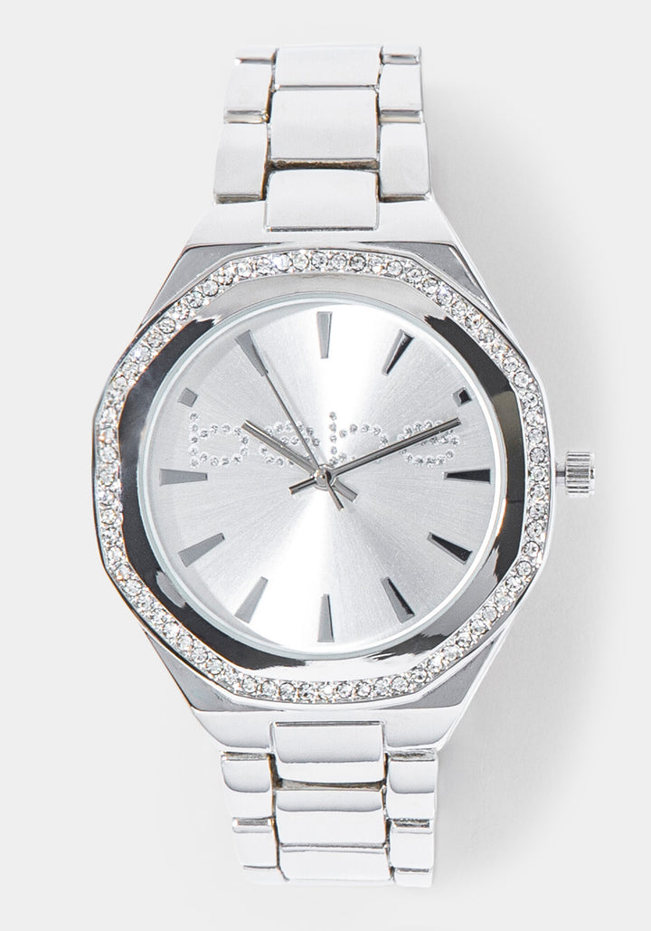 Front View-Watch & 'Bling Bow' Handbag Charm Set-SIL/SIL