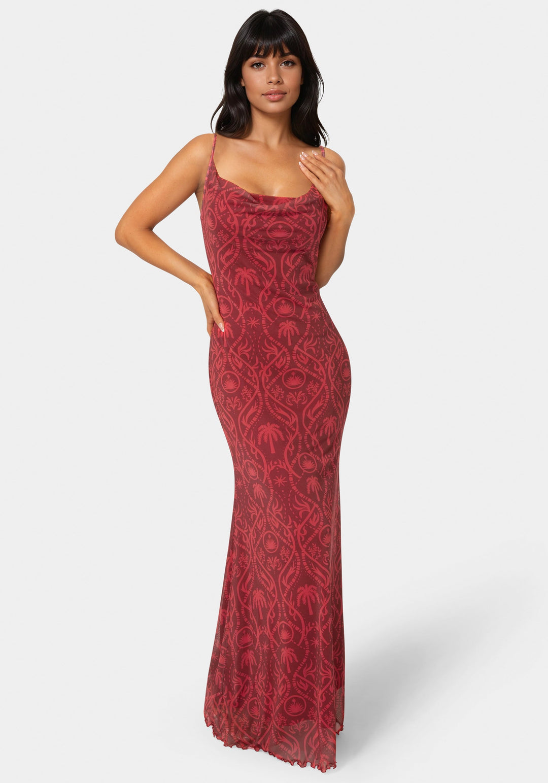 Front View-Printed Mesh Cowl Gown-MERLOT