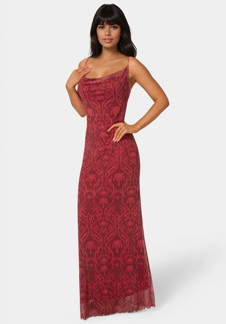 Side View-Printed Mesh Cowl Gown-MERLOT