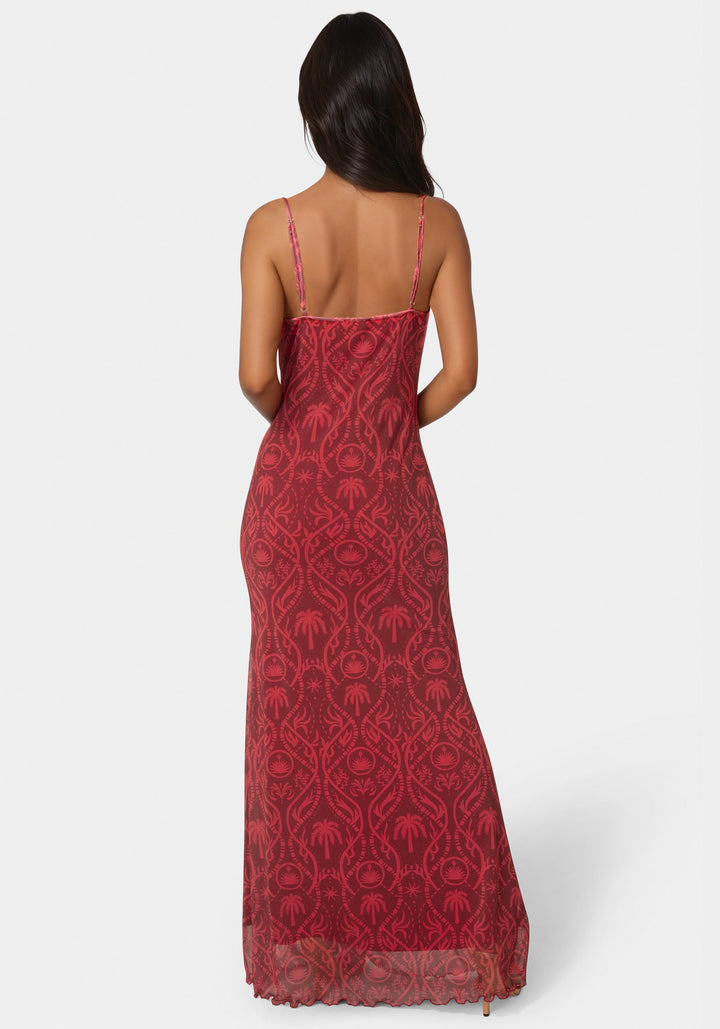 Back View-Printed Mesh Cowl Gown-MERLOT